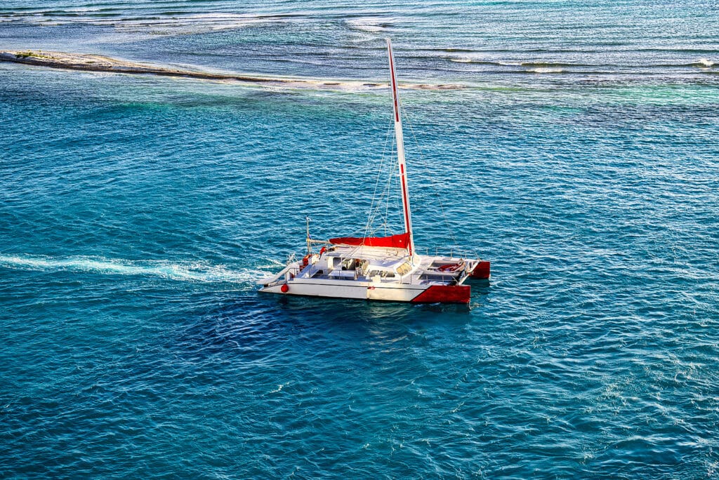 A View Of A Catamaran In Front Of Oranjestad Capital Of Aruba In