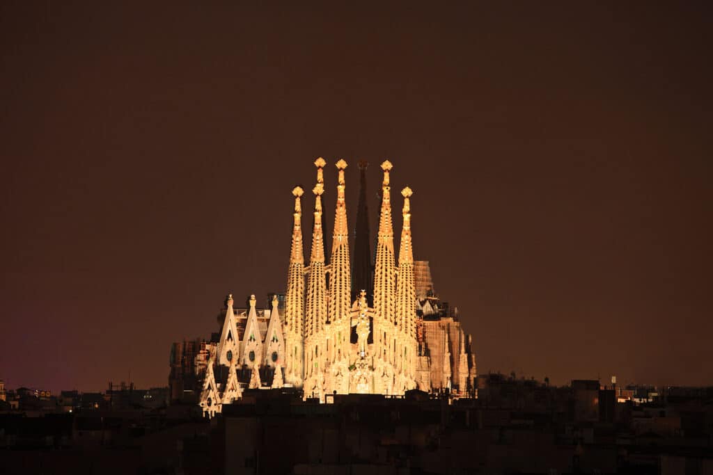Sagrada familia cathedral in Barcelona, Spain at night